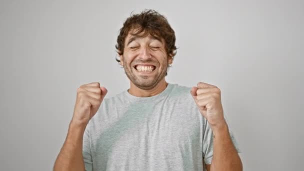 Young Winner Joyful Man Casual Shirt Eyes Closed Arms Raised — Stock Video