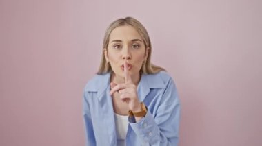Gömlek giyen genç sarışın kadın parmakları dudaklarında sessiz olmak istiyor. Sessizlik ve gizli konsept. izole edilmiş pembe arkaplan