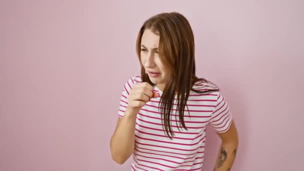 Young Brunette Girl Shivering Her Striped Tshirt Coughs Feels Unwell — Stock Video