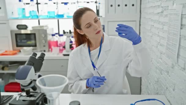 Skupiona Biała Kobieta Naukowiec Pracująca Laboratorium Analizująca Niebieskie Substancje Chemiczne — Wideo stockowe