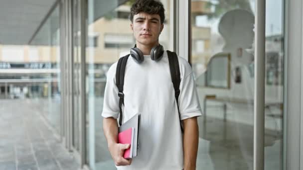 Confident Young Hispanic Teenager Joyful Student Wearing Headphones Happily Holding — Stock Video