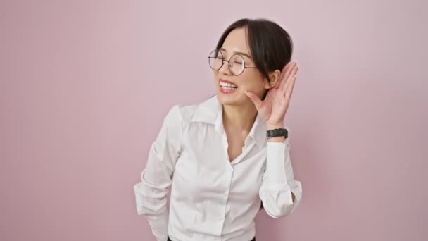 Cheery Young Chinese Gal Glasses Hand Cupped Ear Keenly Listening — Stock Video