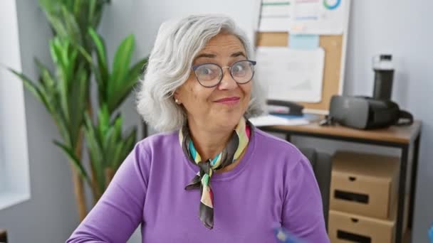 Veselá Žena Středního Věku Šedivými Vlasy Kanceláři Sebevědomě Usmívající Kreditní — Stock video