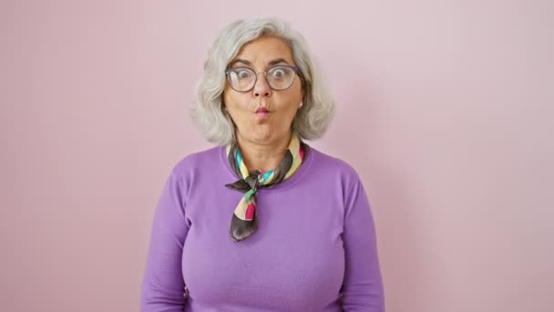Χαρούμενη Γκριζομάλλα Μεσήλικη Γυναίκα Που Κάνει Παιχνιδιάρικα Γκριμάτσες Στέκεται Μια — Αρχείο Βίντεο