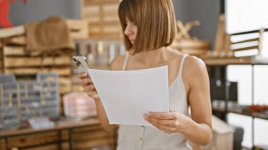 Marangoz, genç, güzel İspanyol kadın marangoz, ahşap kaplı atölyesinde, akıllı telefonunda bir belge okumaya dalmıştı.