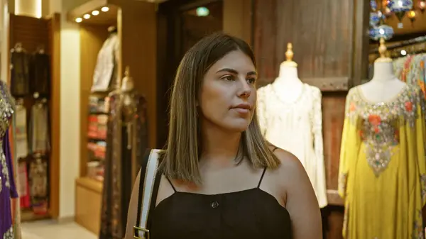 Young Adult Hispanic Woman Explores Traditional Souk Dubai Looking Arabian — Stock Photo, Image