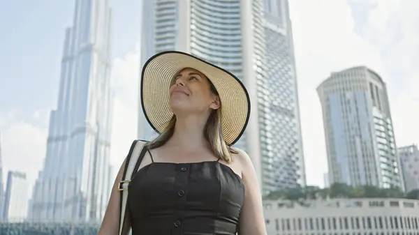 Una Giovane Donna Contenta Cappello Alla Moda Ammira Grattacieli Torreggianti — Foto Stock