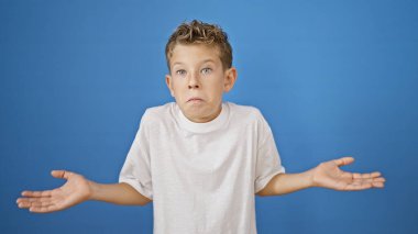 Aptal sarışın çocuk, tapılası bir ifadeyle, izole edilmiş mavi arka planda belirsiz duruyor, kuşkusu kafa karışıklığına şirinlik katıyor. Şüpheyle, küçük beyaz elini kafasında kaşıyor..