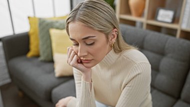 Düşünceli genç bir sarışın kadın düşünceli bir şekilde modern bir oturma odasında oturuyor.