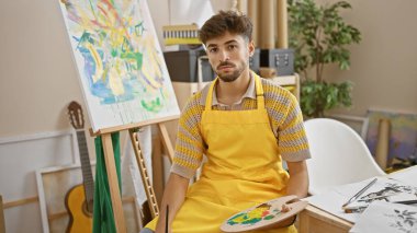 Tutkulu bir sanatçı olan konsantre olmuş genç Arap adam, sandalyede dinlenirken bir anlık aceleci boya karışımına kapılmış, yüzü paletiyle aydınlanmış ve sıcak, kapalı bir sanat atölyesinde resim sehpası kurmuş.