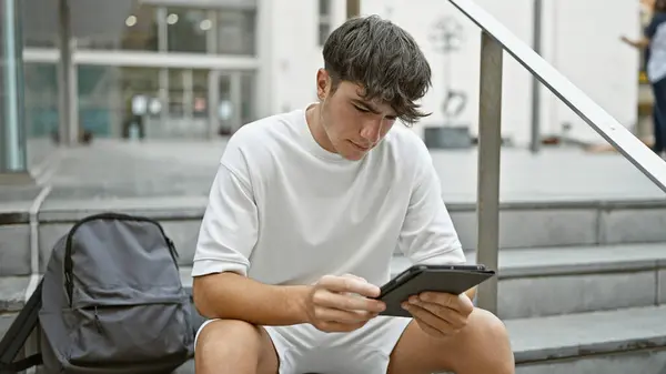 Cool Young Hispanic Teenager Serious Student Casually Sitting University Stairs — Stock Photo, Image