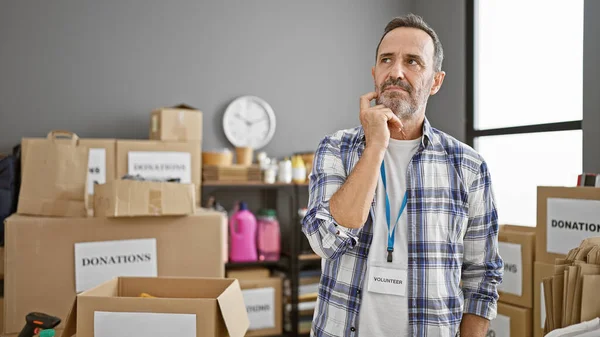 Serious Middle Age Man Grey Hair Beard Thoughtful Volunteer Charity — Stock Photo, Image