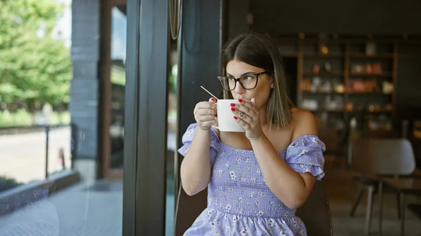 Relaxed Beautiful Hispanic Woman Glasses Enjoying Hot Cup Coffee Cozy — Stock Photo, Image