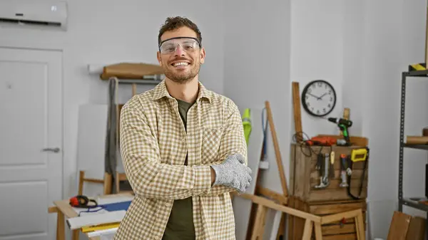 一个戴着安全眼镜的面带微笑的男人自信地站在一个被工具和木头环绕的木工车间里 — 图库照片