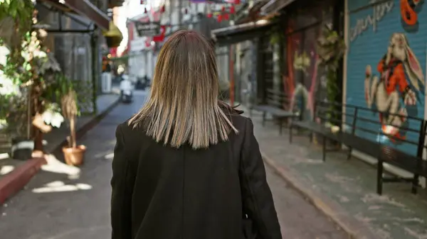 歴史的なイスタンブールの通りを歩いているブルネットの女性のバックビュー トルコの観光を体現 — ストック写真