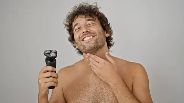 Young Hispanic Man Massaging Bear Holding Shaver Machine Smiling Shirtless — Stock Photo, Image