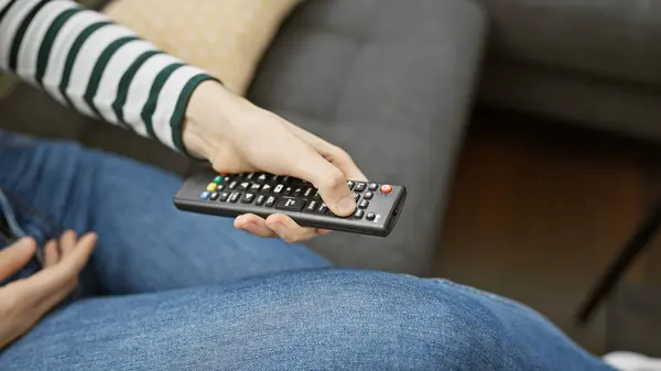 Close Woman Reclining Sofa Home Pressing Button Remote Control — Stock Photo, Image