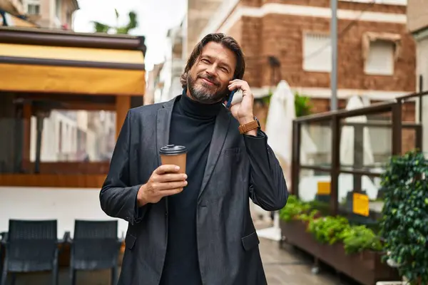 Middle Age Man Talking Smartphone Drinking Coffee Street — Stock Photo, Image