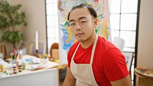 Serieus Gezicht Jonge Chinese Man Een Opkomende Kunstenaar Verdiept Zijn — Stockfoto