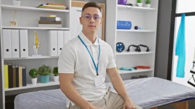 Rozetli İspanyol gömlekli adam rehabilitasyon kliniğinde oturuyor, profesyonel ve kendinden emin görünüyor..