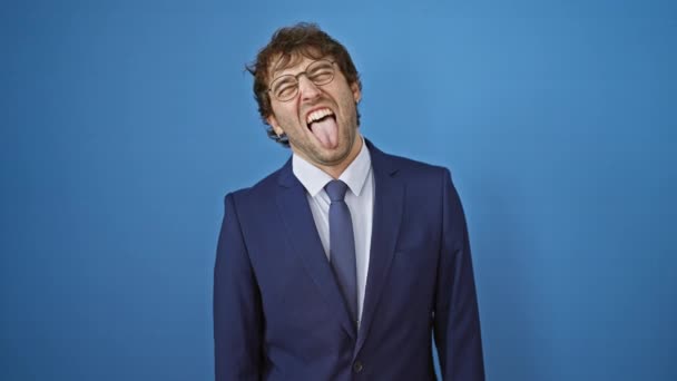 Happy Young Businessman Blue Suit Sticks His Tongue Out Fun — Stock Video