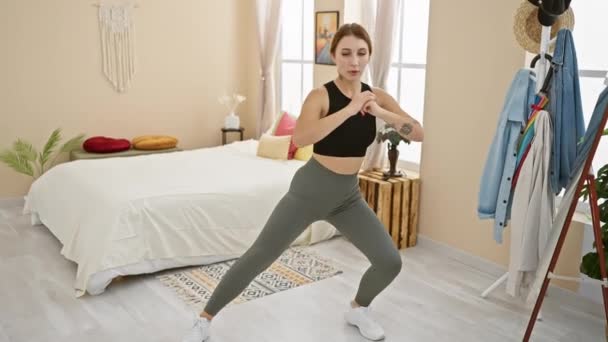 Eine Junge Frau Trainiert Einem Schlafzimmer Und Präsentiert Einen Gesunden — Stockvideo