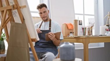 Parlak sanat stüdyosunda tuvale resim yapan yakışıklı sakallı adam.