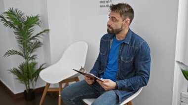 Yakışıklı İspanyol bir adam içeride bekliyor, ciddi ciddi bir sandalyede oturuyor, elinde dosyadan evrak tutuyor, endişeyle lobideki saatine bakıyor.