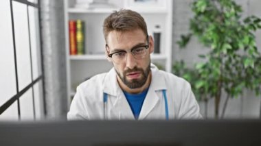 Stresli genç İspanyol doktor yorulmak bilmeden klinikte çalışıyor, yorgunlukla mücadele ediyor ve tıbbi zorluklarla boğuşuyor..