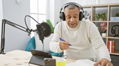 Olgun İspanyol bir adam stüdyoda mikrofon, kulaklık, tablet ve evrak işleriyle kayıt yapıyor..