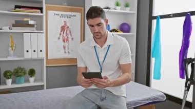 Klinikte yakışıklı bir İspanyol, rehabilitasyon ekipmanları ve anatomi çizelgeleri ile çevrili bir tablete bakıyor..