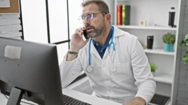 Beyaz saçlı, laboratuvar önlüğü ve steteskop giyen olgun, yakışıklı İspanyol bir adam klinikte oturmuş bilgisayarın önünde telefonla konuşuyor..