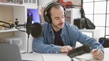 Stüdyoda sakallı İspanyol bir adam podcast kaydı için mikrofon ve kulaklık kullanıyor..