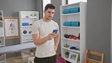 Modern bir fizyoterapi kliniğinde arka planda egzersiz ekipmanları olan akıllı telefon kullanan genç bir adam..