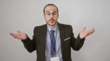 Süitte sakallı ve beyaz arka planda hareket eden kendine güvenen kel bir adam..