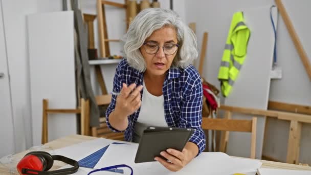 Mujer Madura Revisa Proyecto Taller Carpintería Proyecto Planificación Con Tableta — Vídeos de Stock
