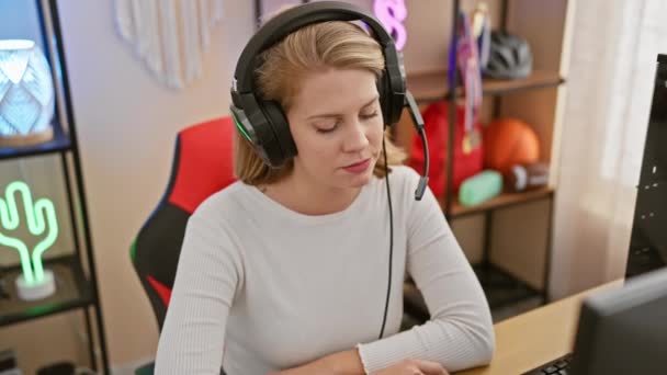 Kontemplacyjna Blondynka Słuchawkami Siedzi Dobrze Oświetlonym Pokoju Gier Emanując Swobodną — Wideo stockowe