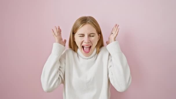 Excited Blonde Girl Gone Mad Victory Standing Pink Isolated Background — Stock Video