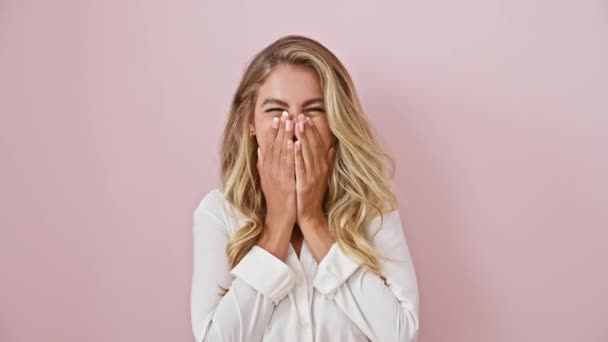 Cheerful Blonde Gal Caught Funny Gossip Scandal Standing Pink Backdrop — Stock Video