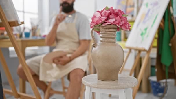 Artista Uomo Con Barba Contempla Mentre Dipinge Uno Studio Arte — Video Stock
