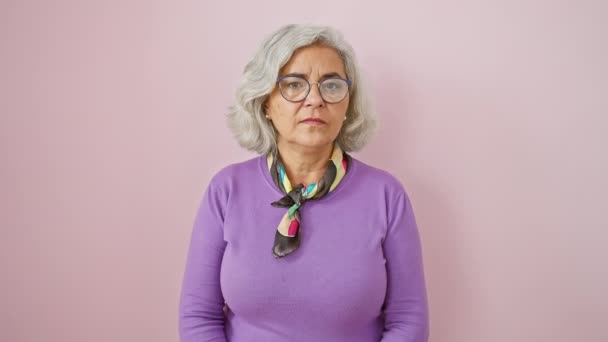中年の灰色の髪の女性は懐疑的で神経質な眼鏡をかけ 問題のために動揺します ネガティブな人 単離されたピンクの背景 — ストック動画