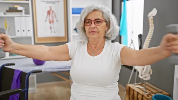 Dojrzała Kobieta Ćwicząca Hantlami Klinice Odwykowej Pomieszczeniach Reprezentująca Zdrowie Wellness — Wideo stockowe