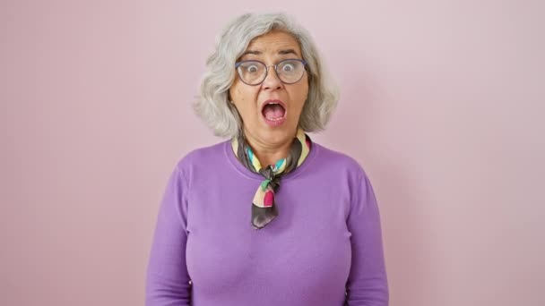 クレイジーで面白い灰色の髪の女性は 独特のパフで頬をふるい 孤立したピンクの壁に立って 無限の自信を持って眼鏡をかけます — ストック動画
