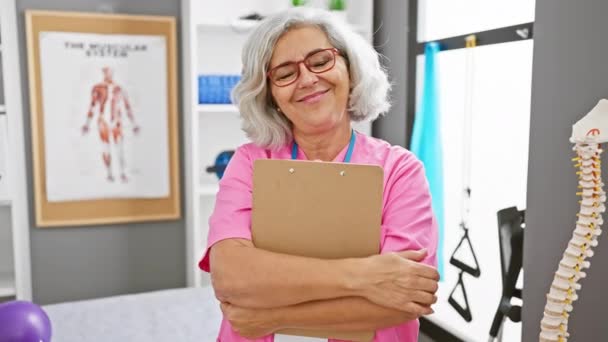Uśmiechnięta Terapeutka Okularach Różowym Fartuchu Trzyma Podkładkę Klinice — Wideo stockowe