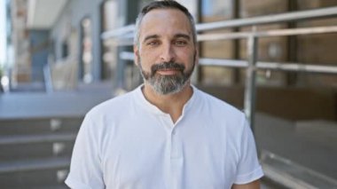 Gri saçlı, olgun sakallı bir adam şehir sokaklarında sessizliğini koruyor..