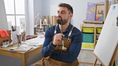 Sanat stüdyosunun kalbinde, şüpheli ama kararlı, önlüklü, sakallı ve paletli genç bir İspanyol ressam, dikkatle tuvaline bakıyor, resminin üzerinde derin düşüncelere dalmış.
