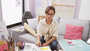 Sıkılmış ve yorgun, kollarını kavuşturmuş genç ve güzel bir İspanyol kadın ressamın portresi. Stüdyo kanepesinde oturmuş düşüncelere dalmış bir şekilde depresyonla savaşıyor.