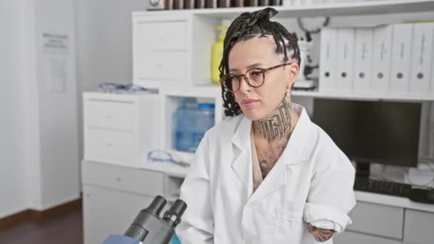 Rezolutní Amputovaný Hispánská Žena Vědec Sedí Laboratorního Stolu Čelit Vážné — Stock video