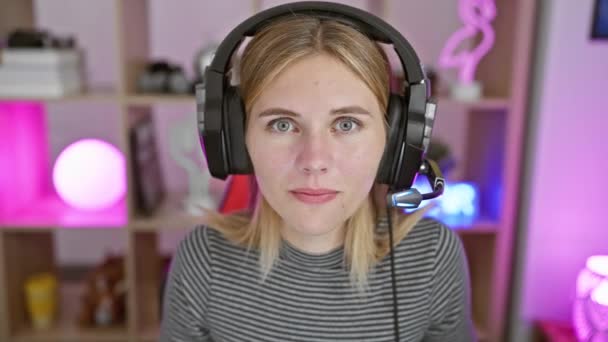 Eine Blonde Frau Mit Kopfhörern Bringt Ihre Begeisterung Einem Lebhaften — Stockvideo