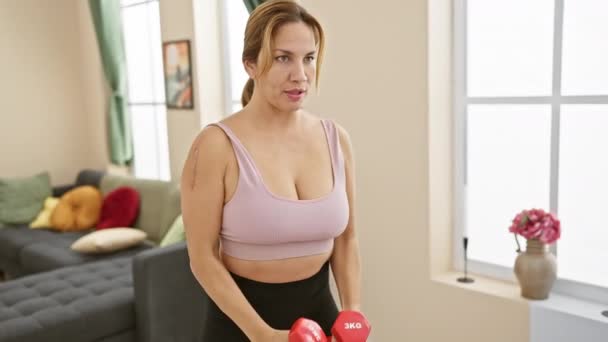 Hispánská Žena Cvičení Činkami Obývacím Pokoji Ztělesňující Fitness Pohodu Domácí — Stock video